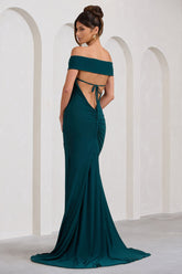 Bottle Green Ruched Bardot Split Fishtail Maxi Dress